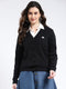 Women Black Self Design V Neck Full Sleeve Cardigan