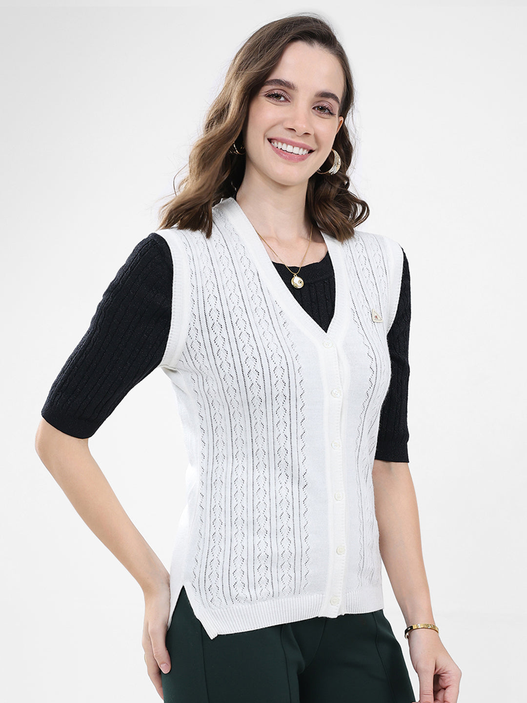 Women White Self Design V Neck Sleeveless Cardigan
