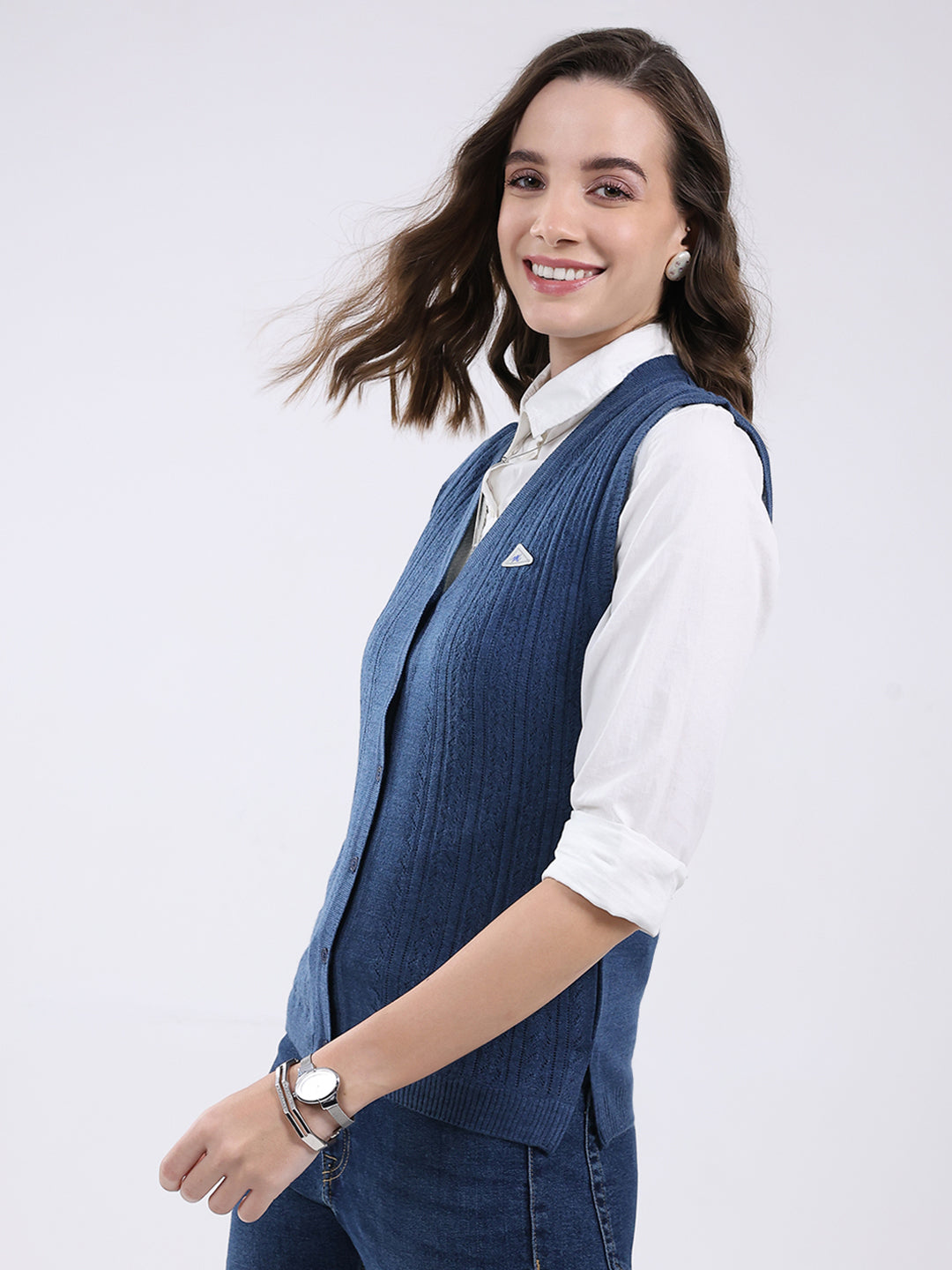 Women Blue Self Design V Neck Sleeveless Cardigan
