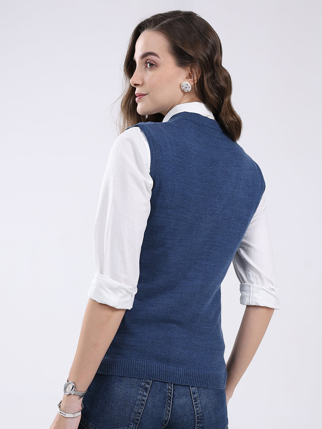 Women Blue Self Design V Neck Sleeveless Cardigan