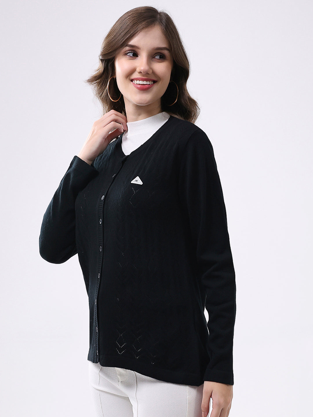 Women Black Self Design Round Neck Full Sleeve Cardigan