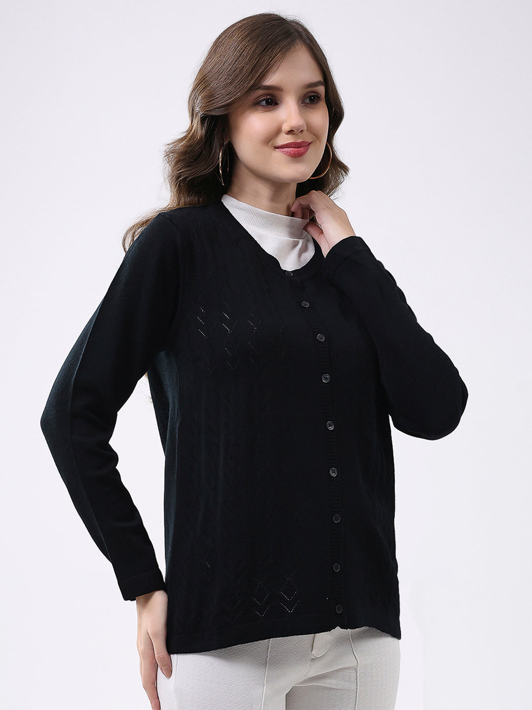 Women Black Self Design Round Neck Full Sleeve Cardigan