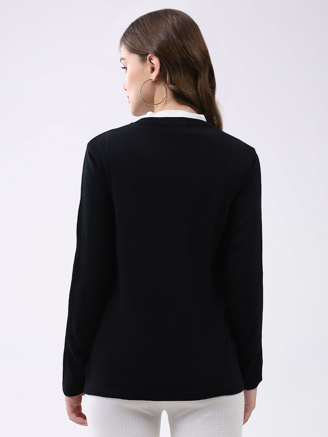 Women Black Self Design Round Neck Full Sleeve Cardigan