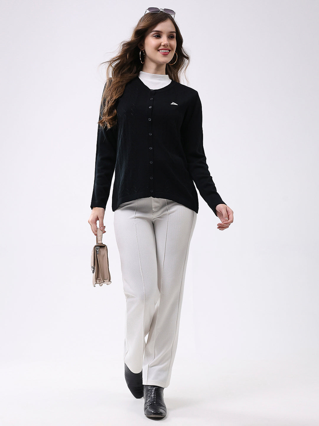 Women Black Self Design Round Neck Full Sleeve Cardigan