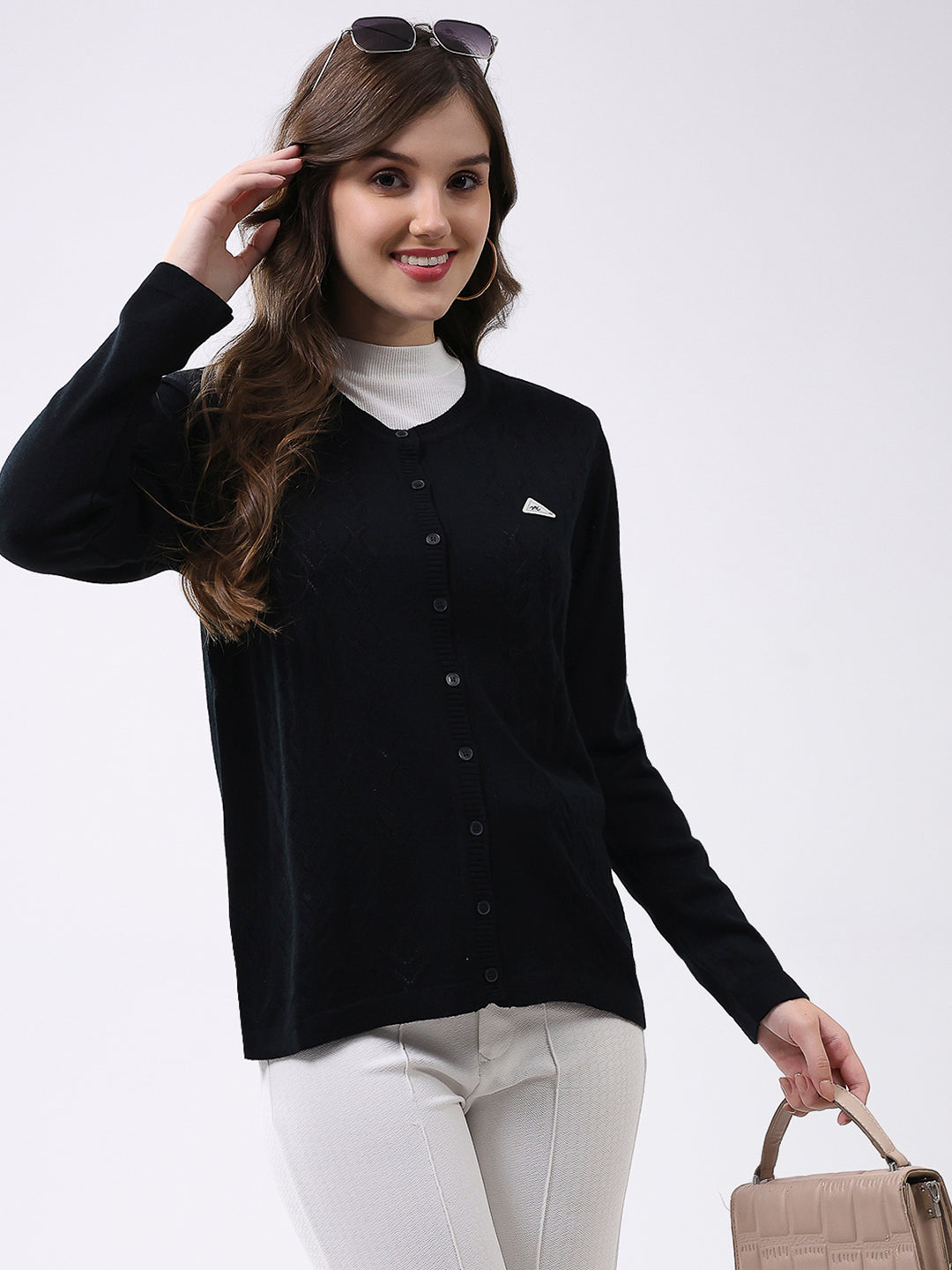 Women Black Self Design Round Neck Full Sleeve Cardigan
