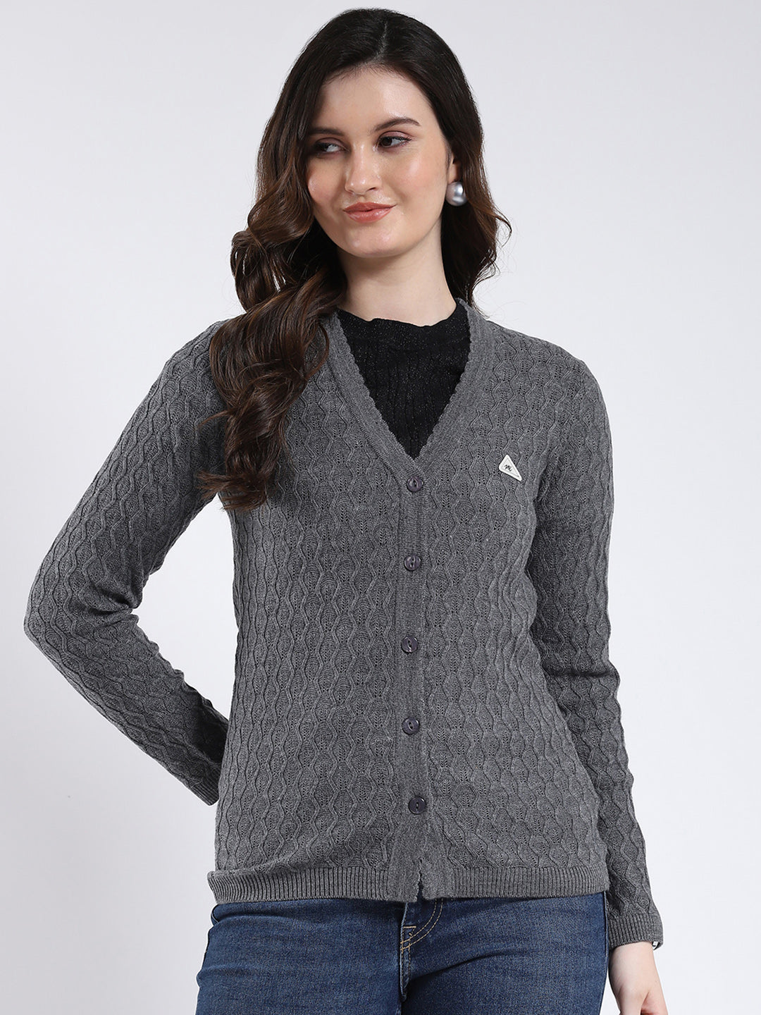 Women Grey Self Design V Neck Full Sleeve Cardigan