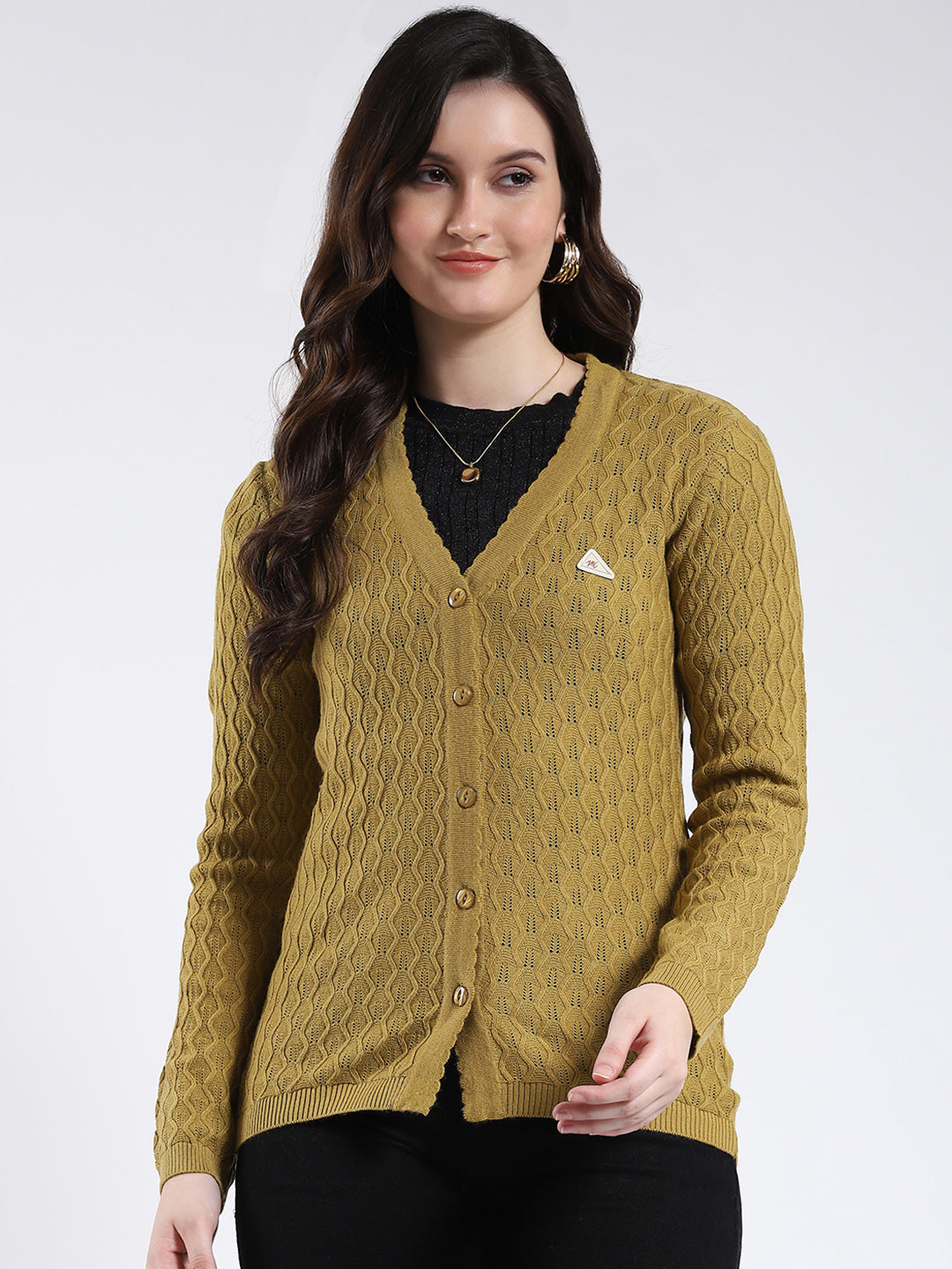 Women Mustard Self Design V Neck Full Sleeve Cardigan