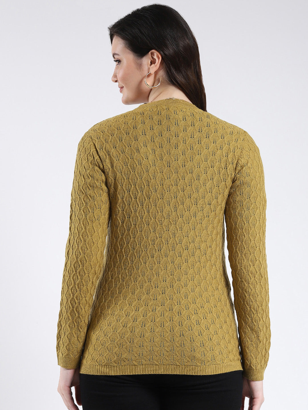 Women Mustard Self Design V Neck Full Sleeve Cardigan