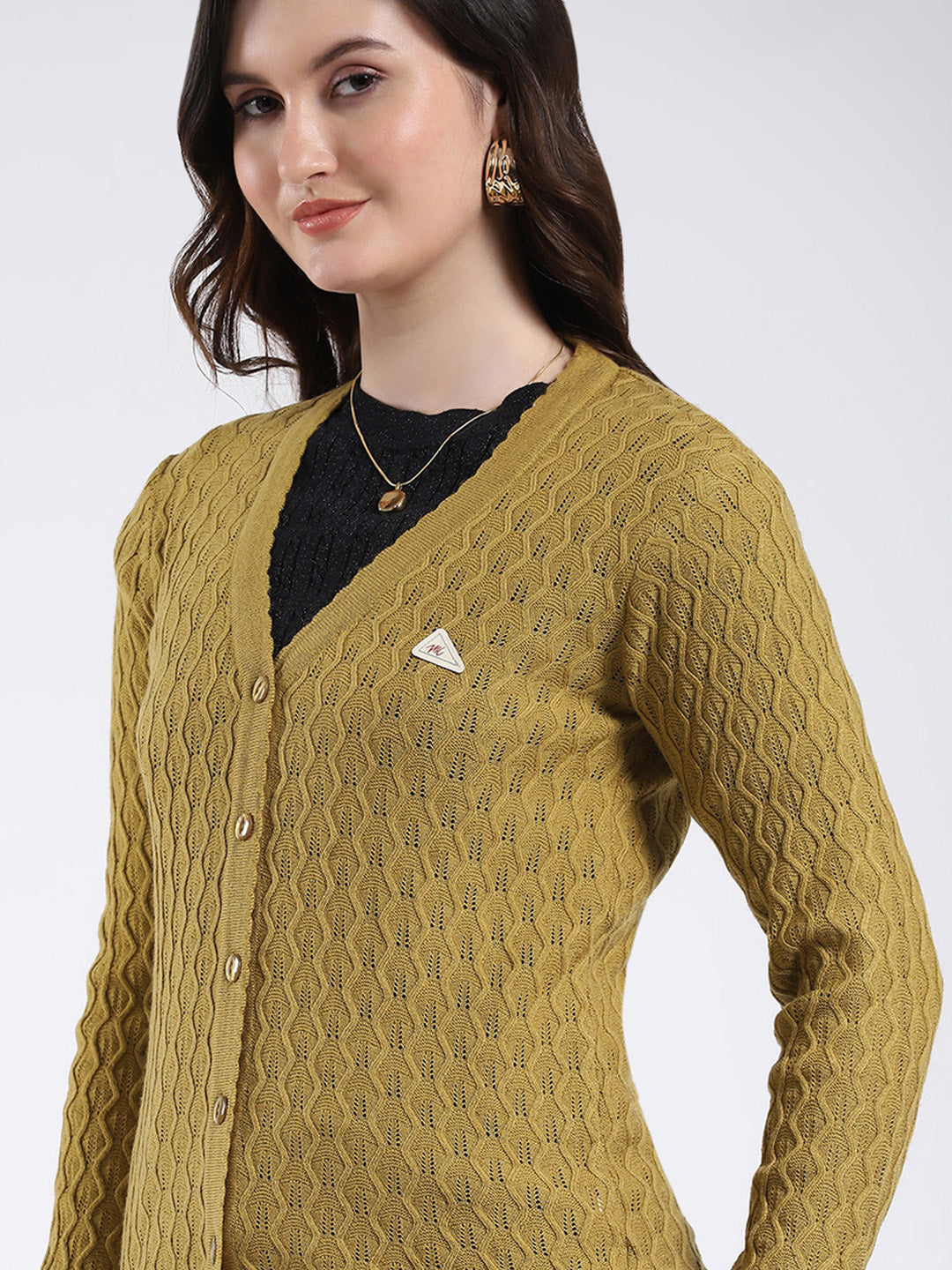 Women Mustard Self Design V Neck Full Sleeve Cardigan