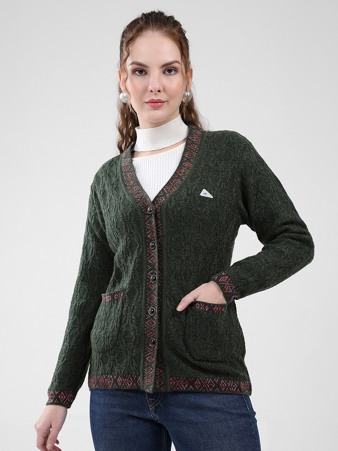 Women Green Self Design V Neck Full Sleeve Cardigan