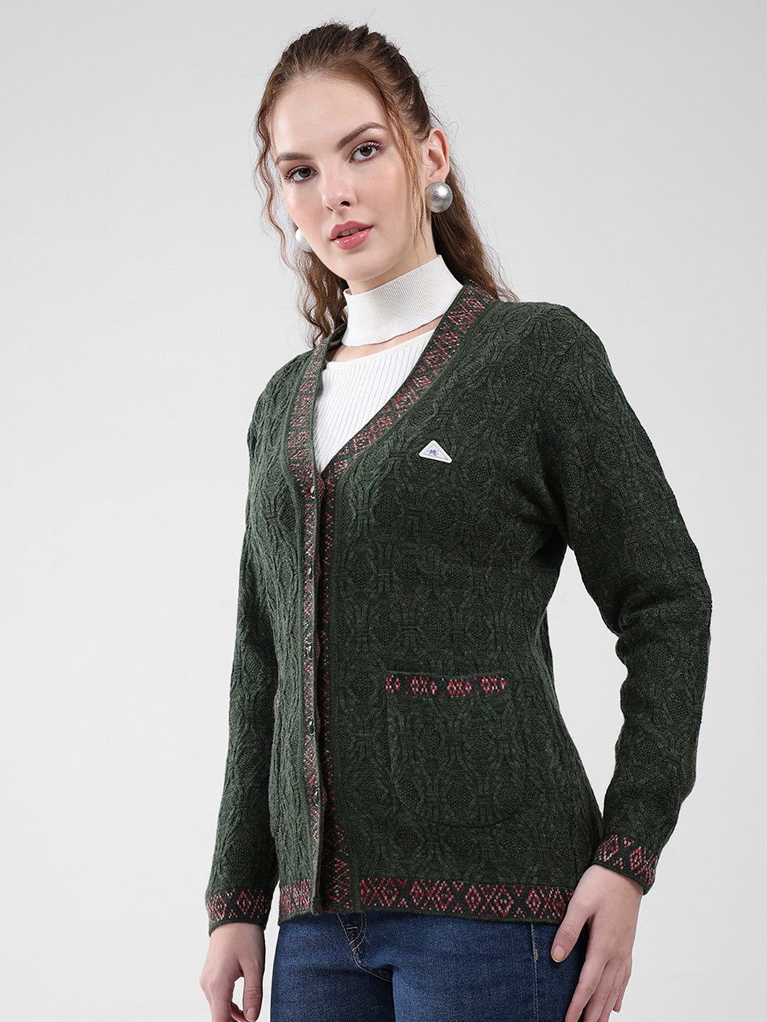Women Green Self Design V Neck Full Sleeve Cardigan