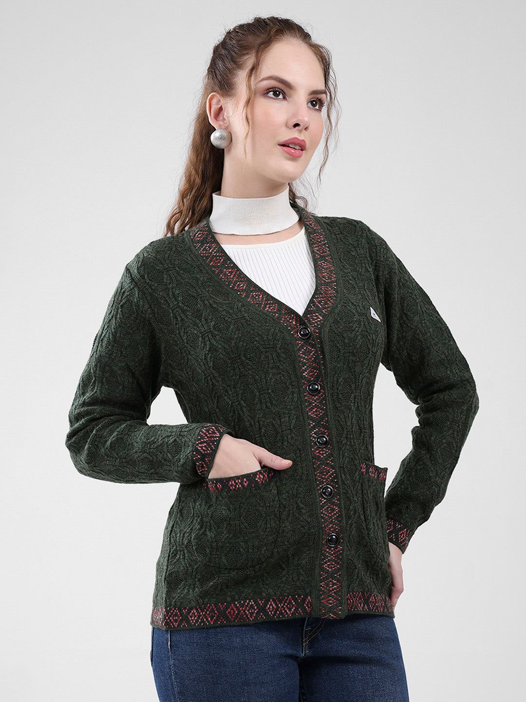 Women Green Self Design V Neck Full Sleeve Cardigan