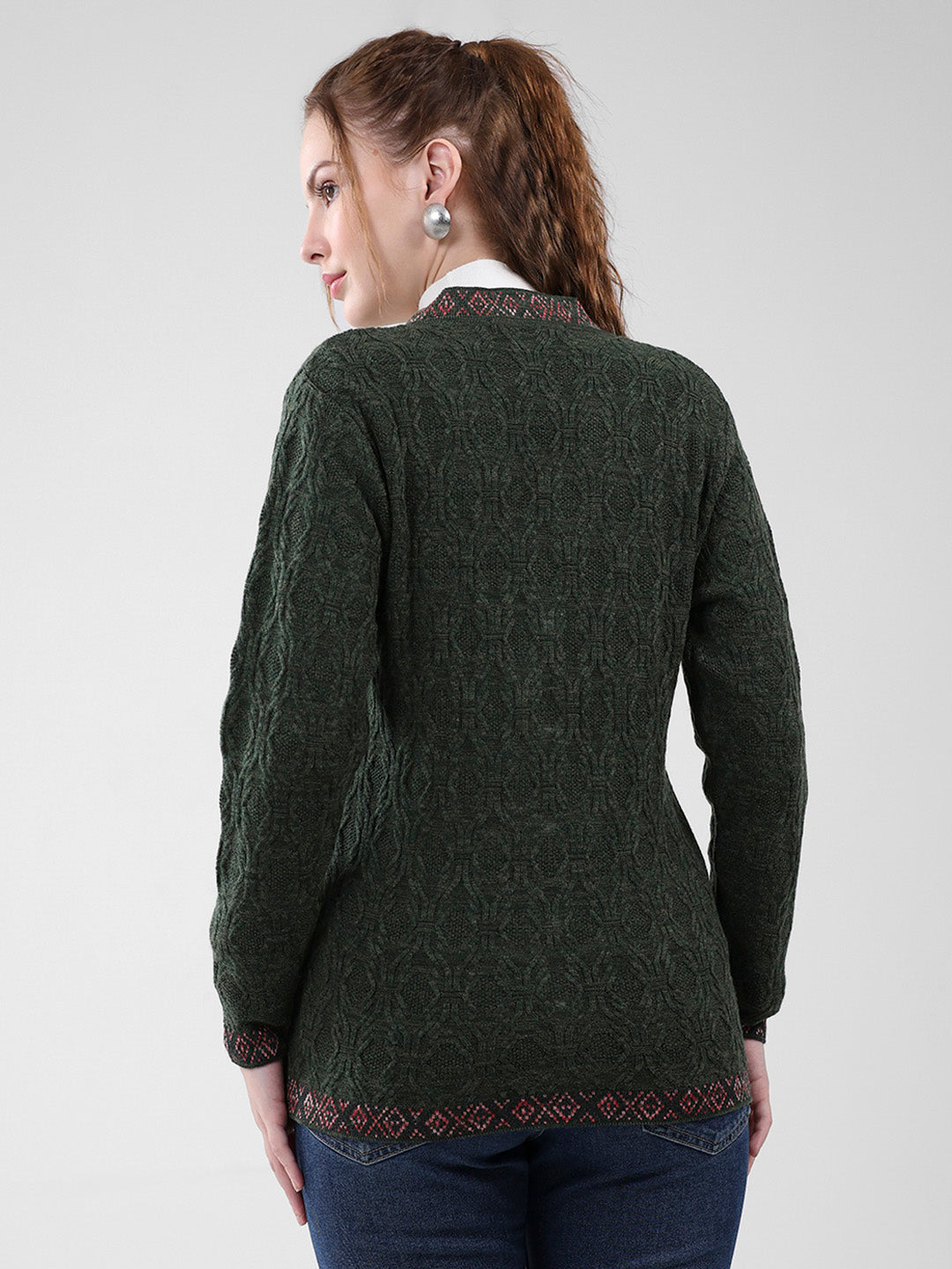 Women Green Self Design V Neck Full Sleeve Cardigan