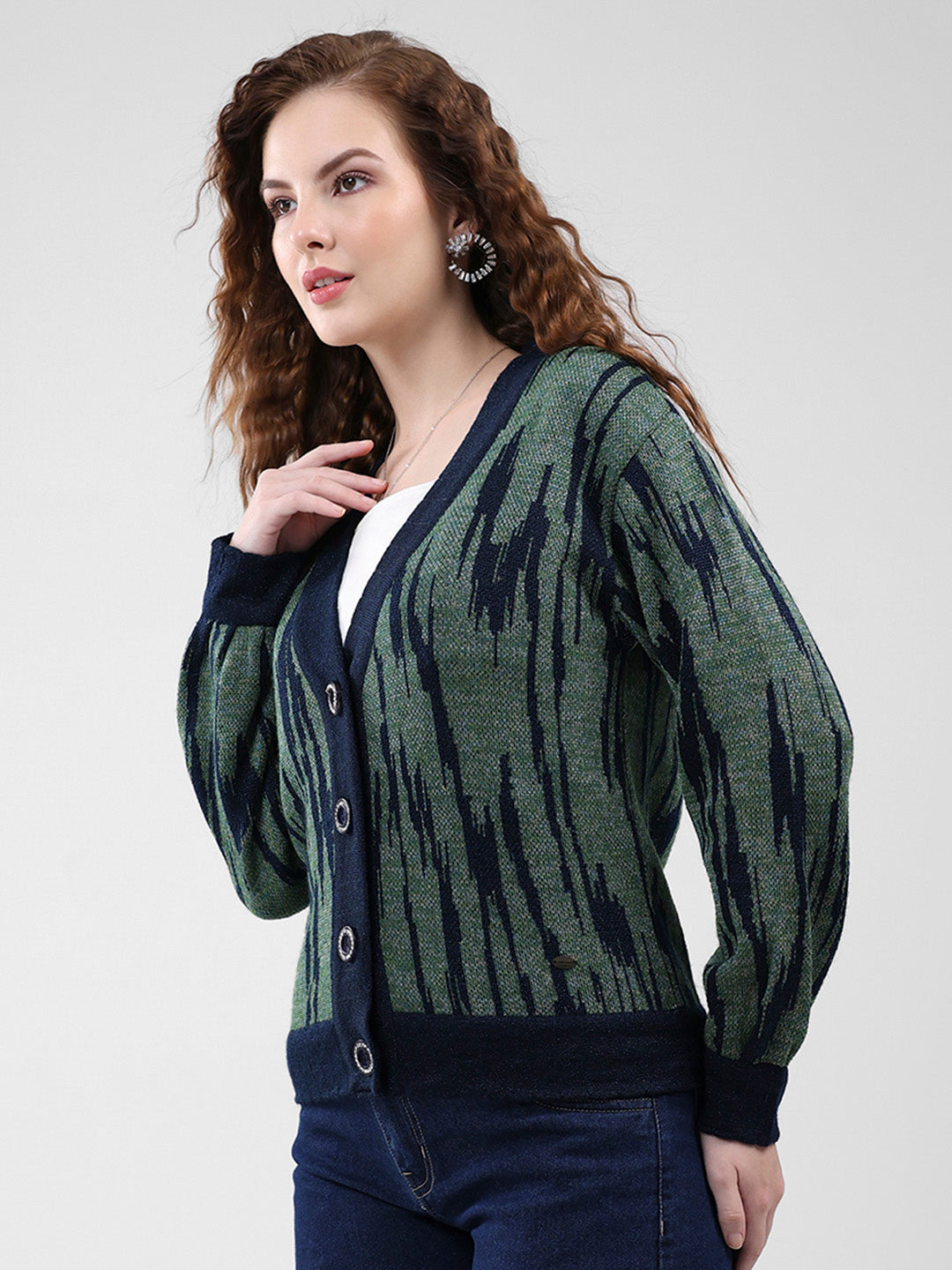 Women Navy Blue Self Design V Neck Full Sleeve Cardigan