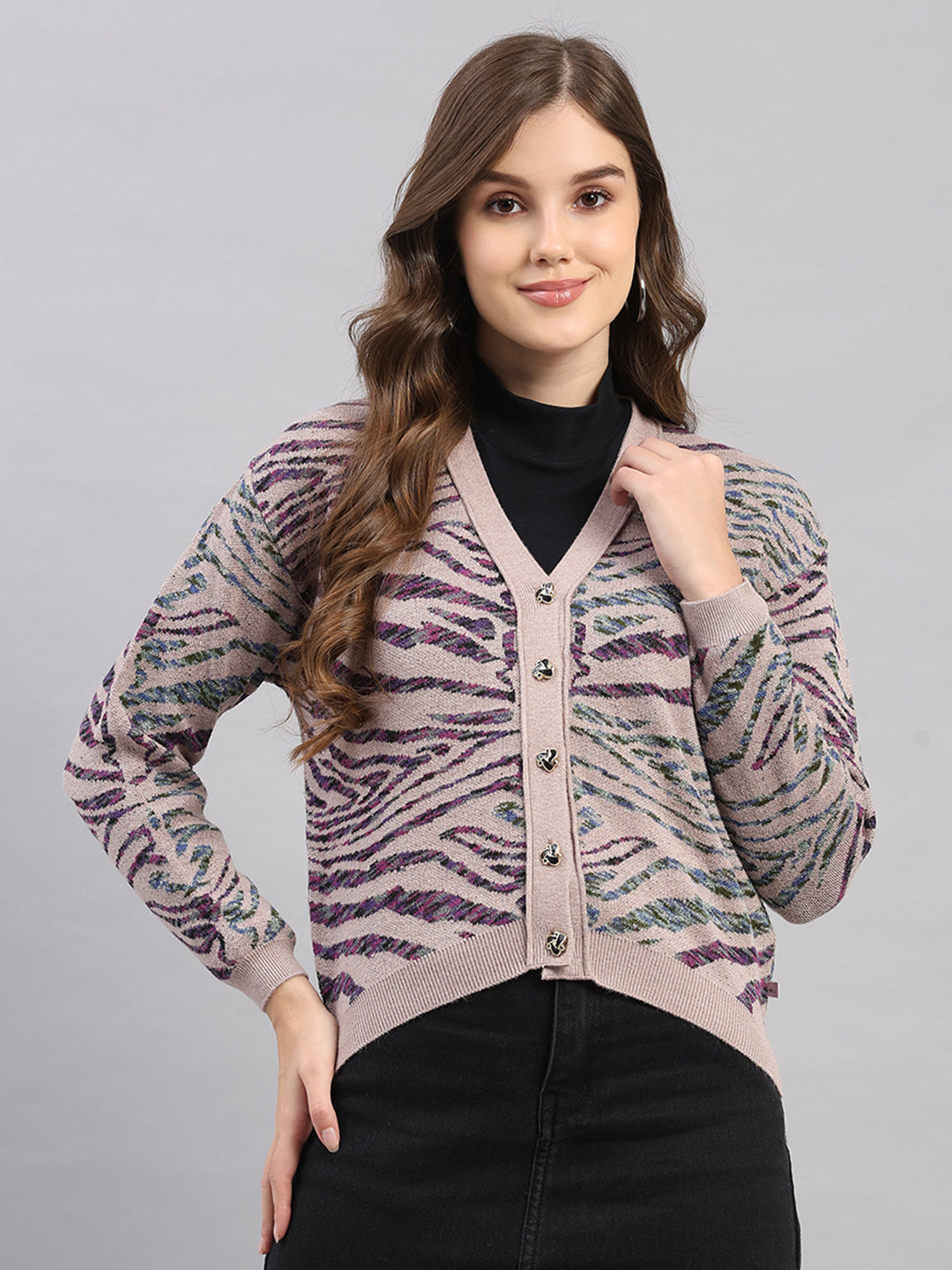 Women Pink Self Design V Neck Full Sleeve Cardigan