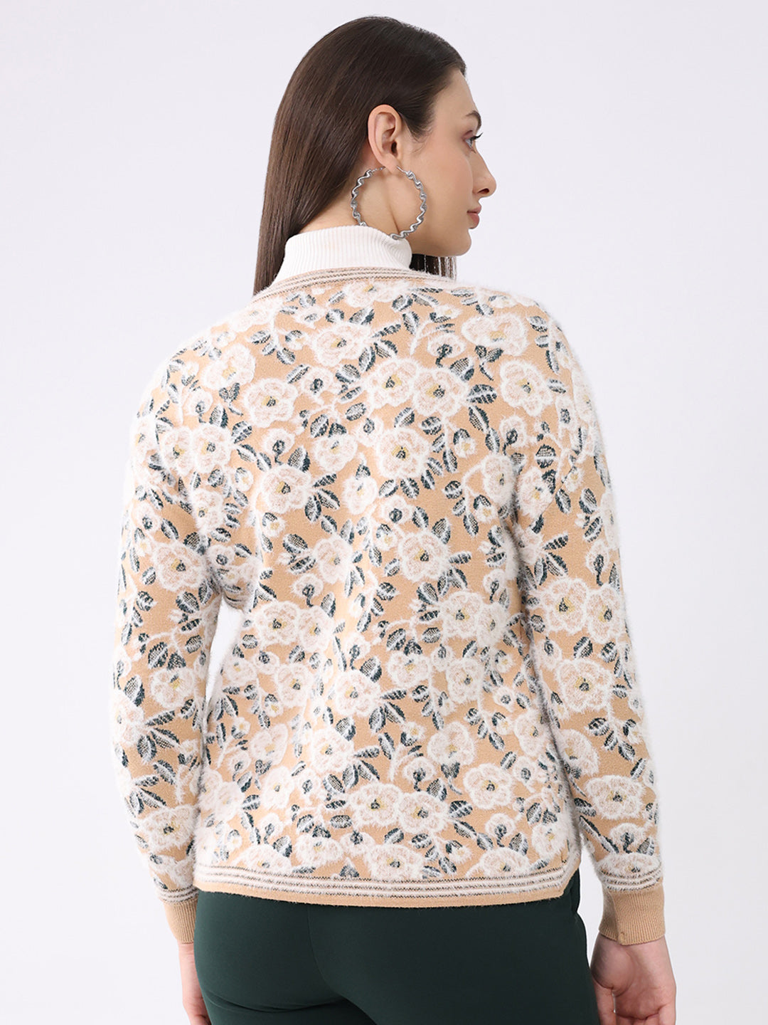Women Beige Printed Round Neck Full Sleeve Cardigan