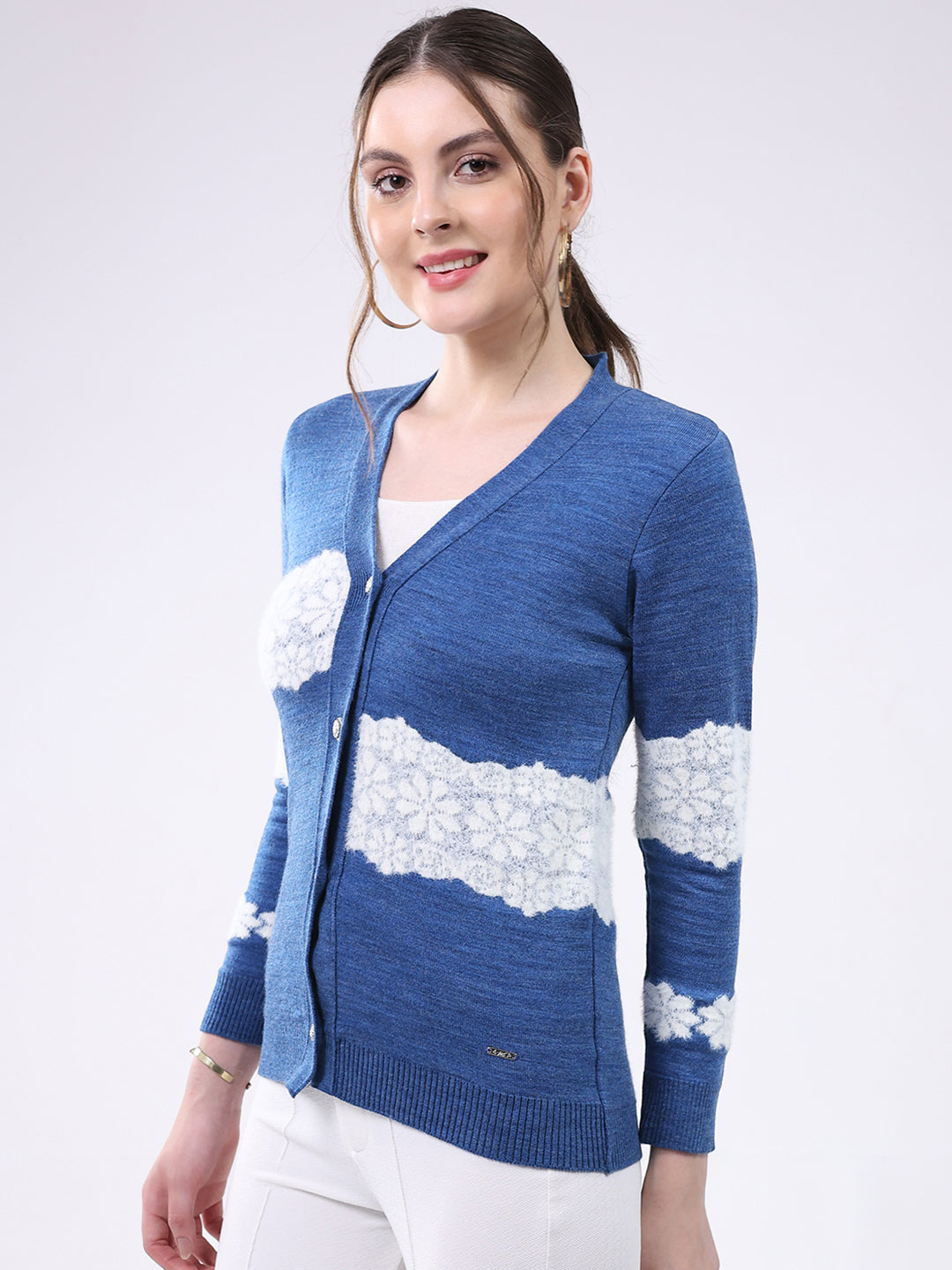 Women Blue Self Design V Neck Full Sleeve Cardigan