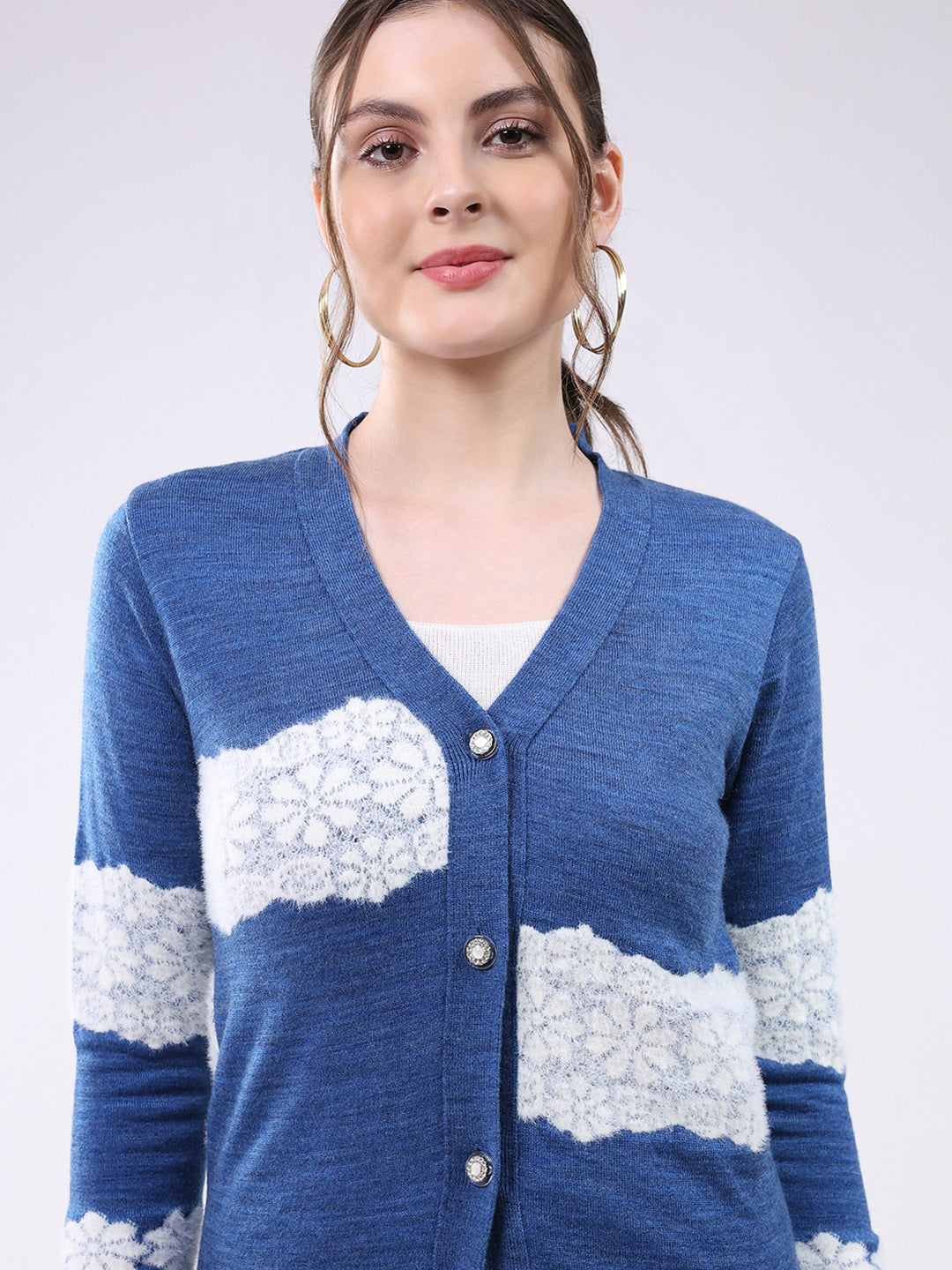 Women Blue Self Design V Neck Full Sleeve Cardigan