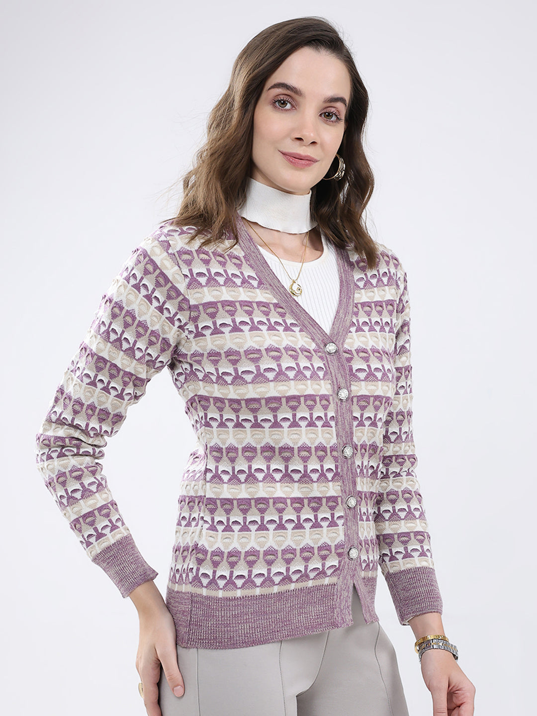 Women Multicolor Self Design V Neck Full Sleeve Cardigan