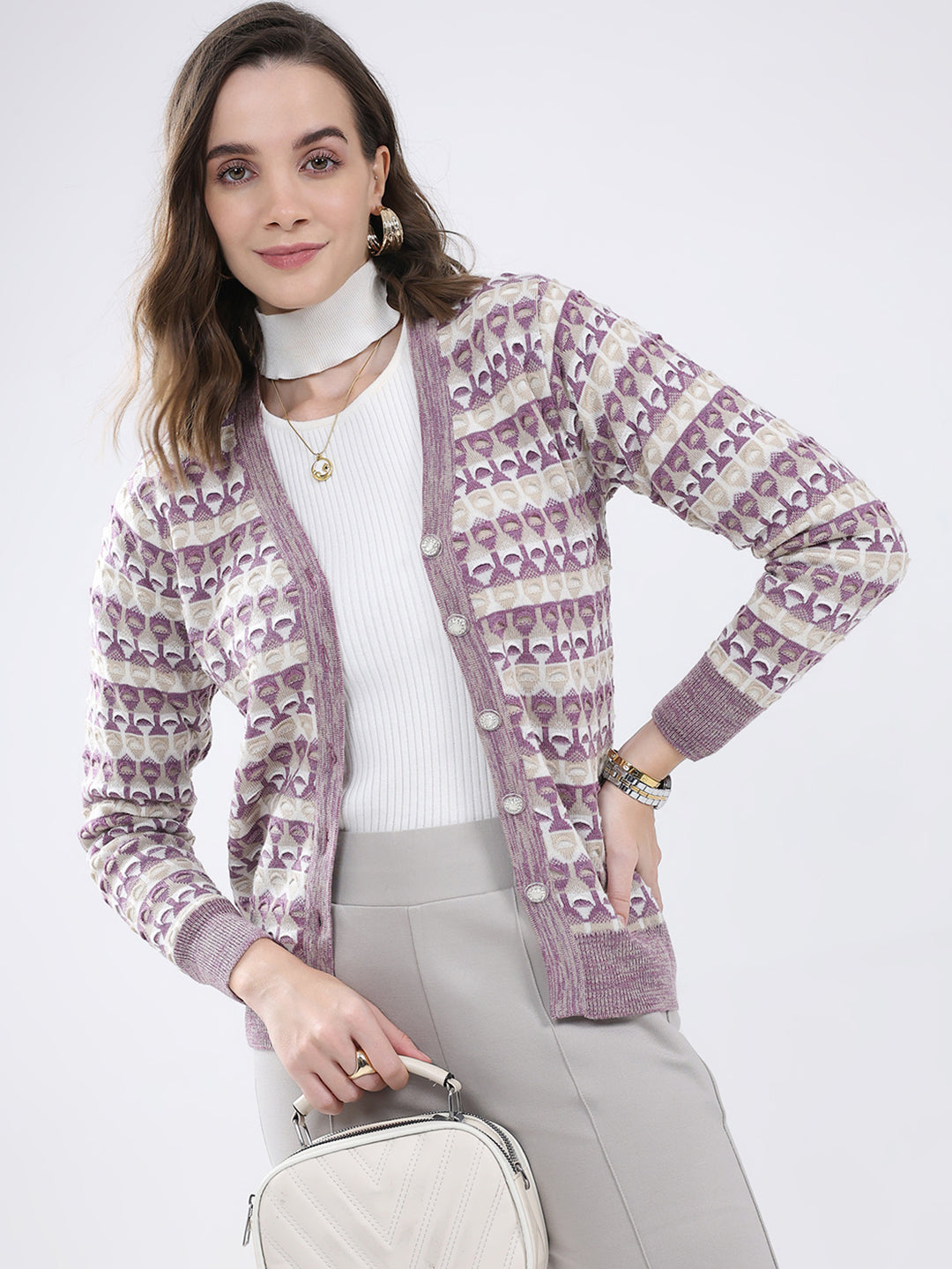 Women Multicolor Self Design V Neck Full Sleeve Cardigan