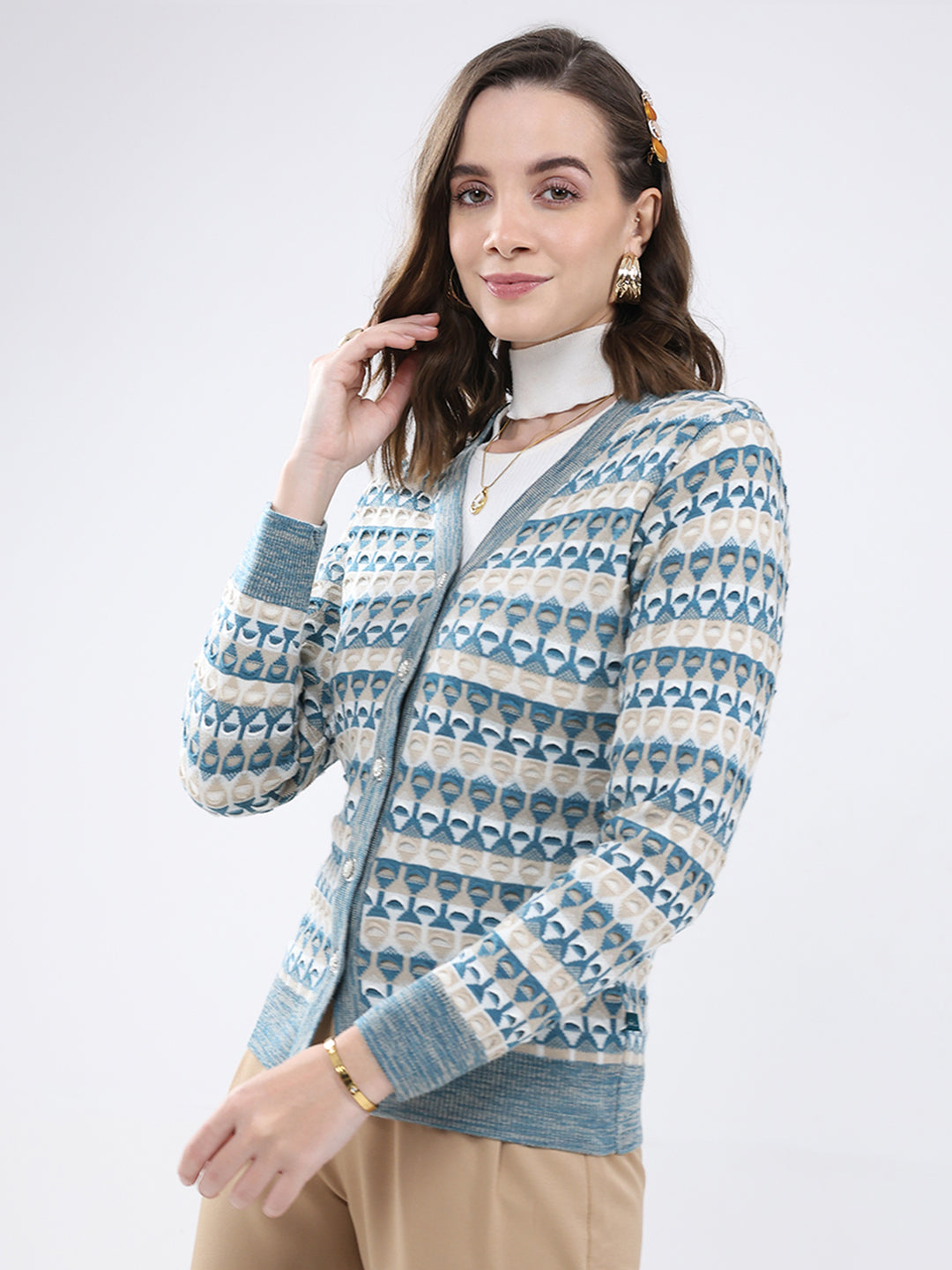 Women Multicolor Self Design V Neck Full Sleeve Cardigan