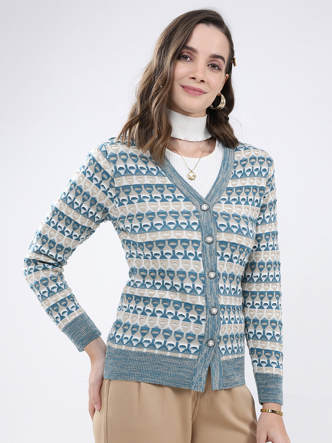 Women Multicolor Self Design V Neck Full Sleeve Cardigan