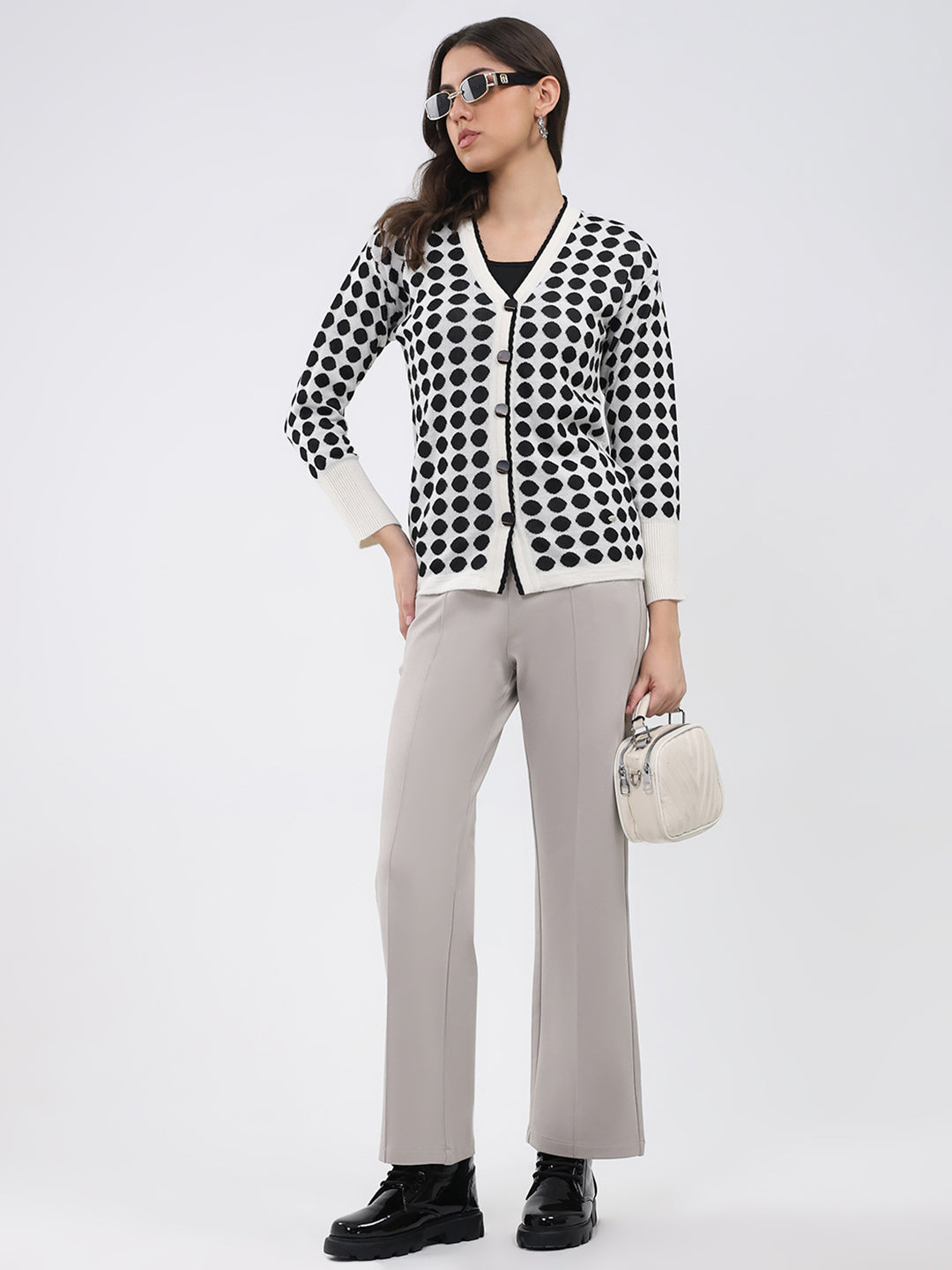 Women Off White Printed V Neck Full Sleeve Cardigan