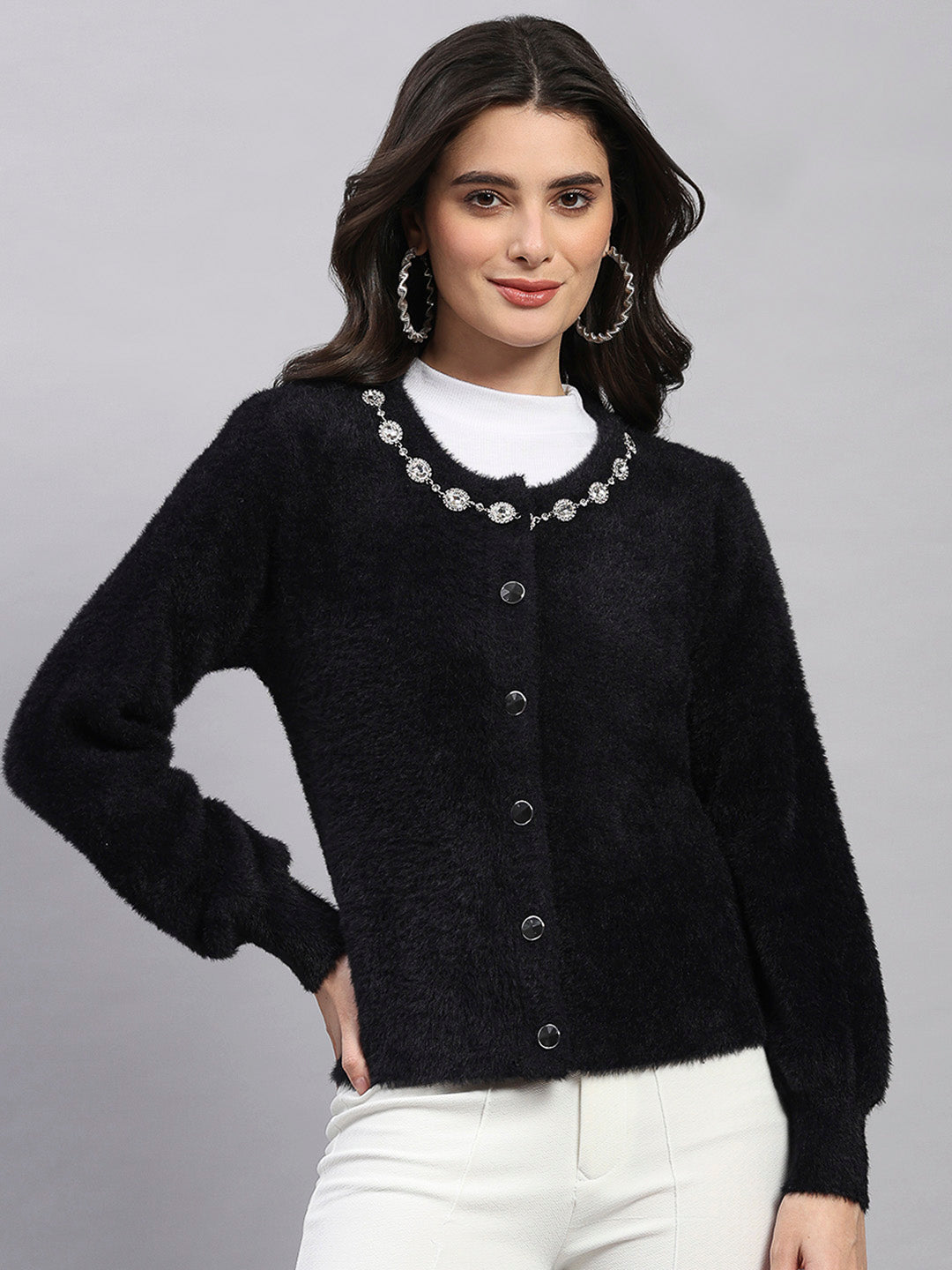 Women Black Self Design Round Neck Full Sleeve Cardigan
