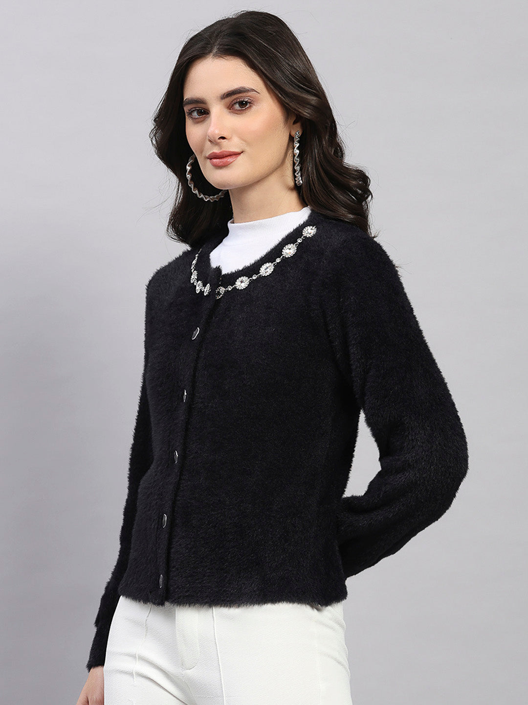 Women Black Self Design Round Neck Full Sleeve Cardigan