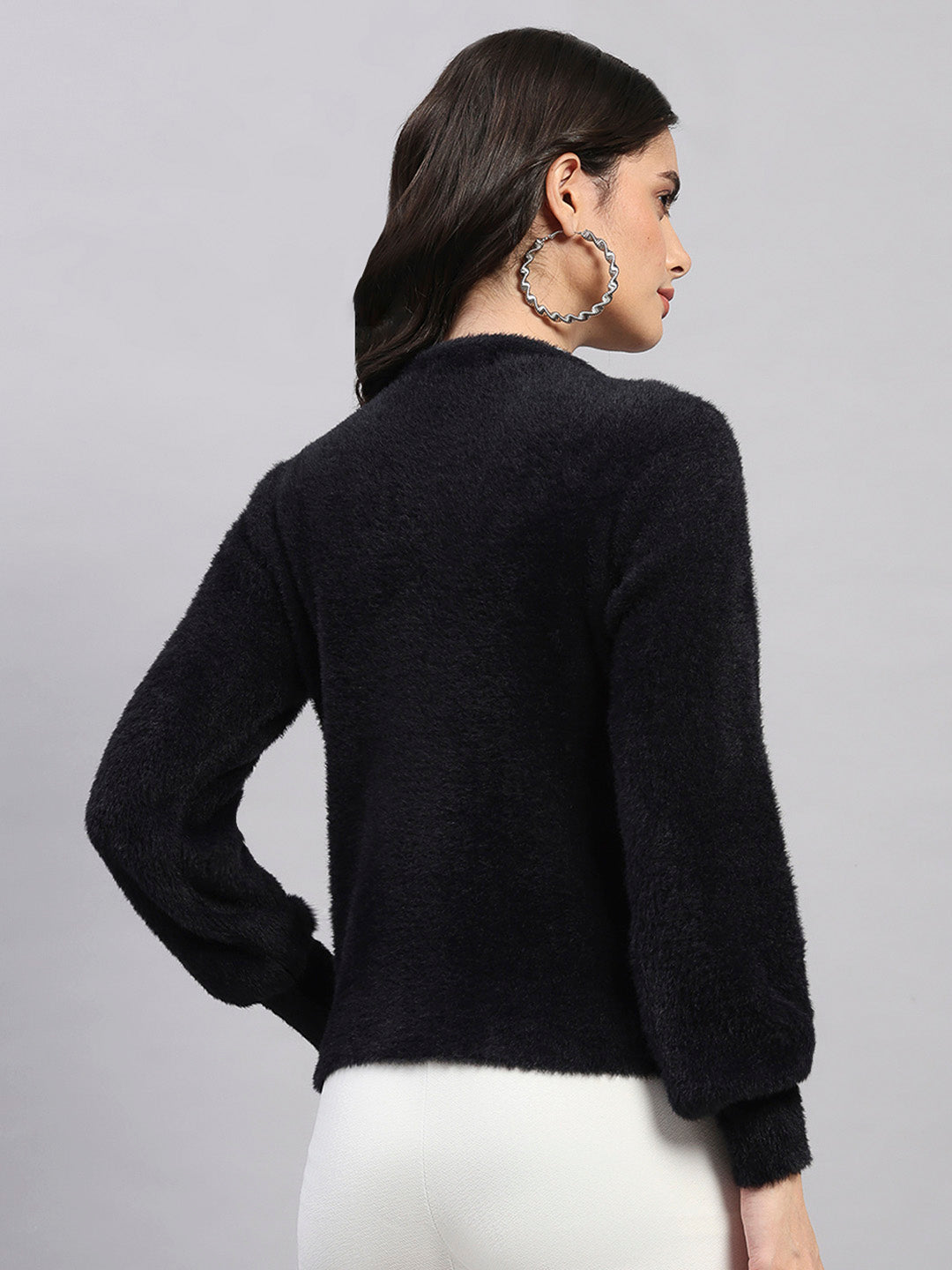 Women Black Self Design Round Neck Full Sleeve Cardigan