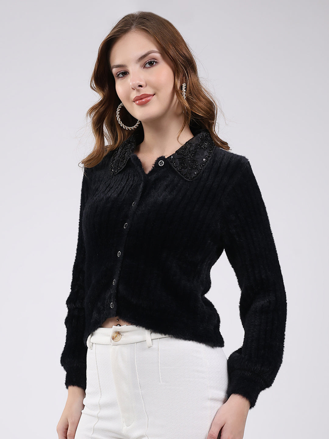 Women Black Self Design Collar Full Sleeve Cardigan