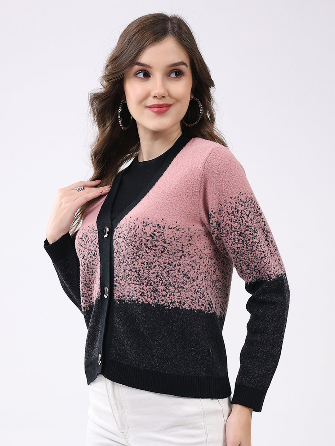 Women Black & Pink Self Design V Neck Full Sleeve Cardigan