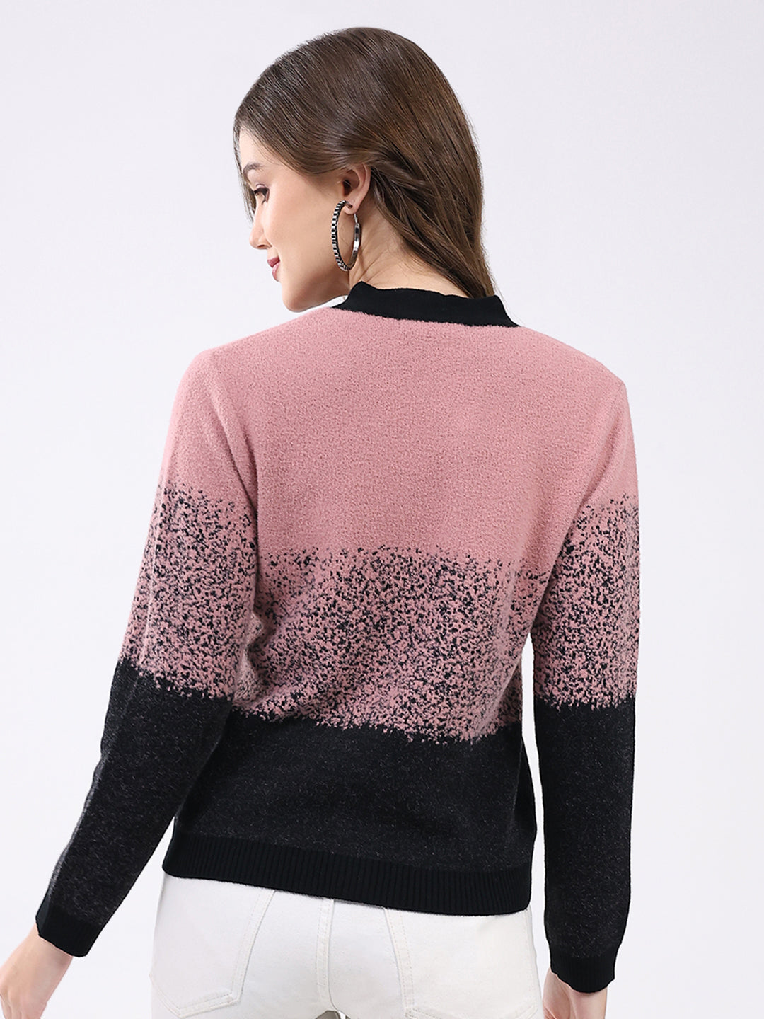 Women Black & Pink Self Design V Neck Full Sleeve Cardigan