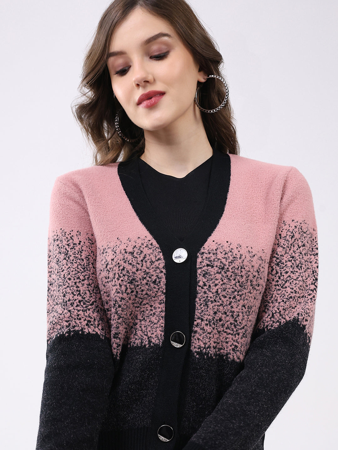 Women Black & Pink Self Design V Neck Full Sleeve Cardigan
