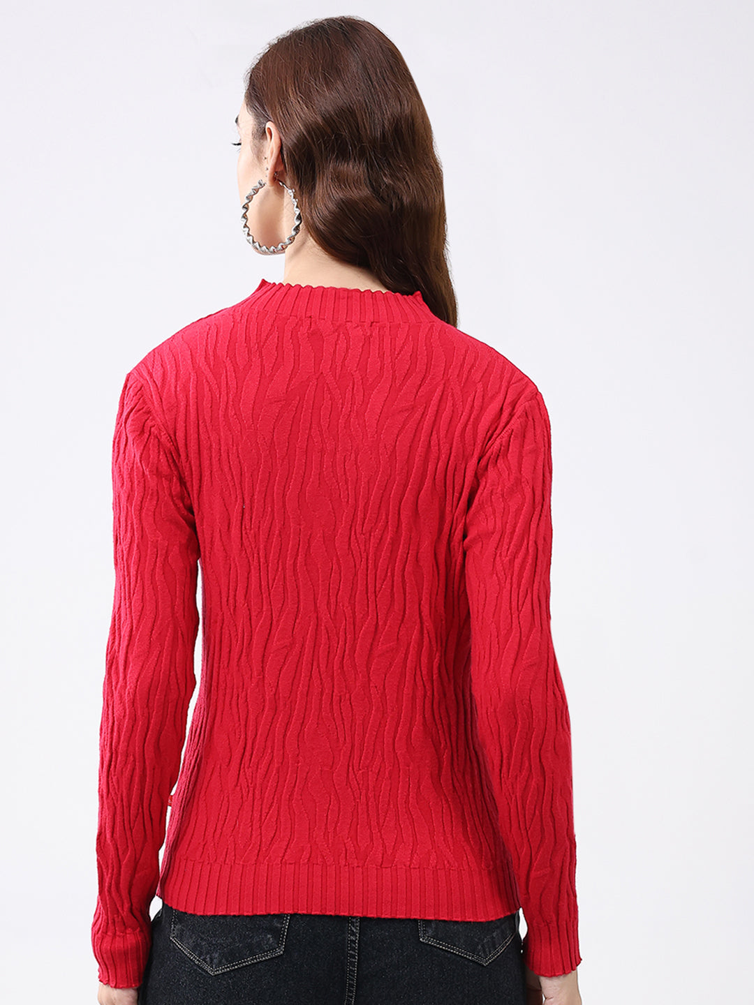 Women Red Self Design Round Neck Full Sleeve Winter Top