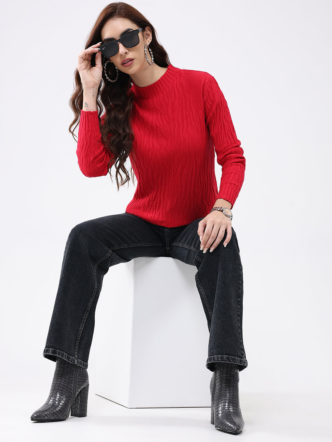 Women Red Self Design Round Neck Full Sleeve Winter Top