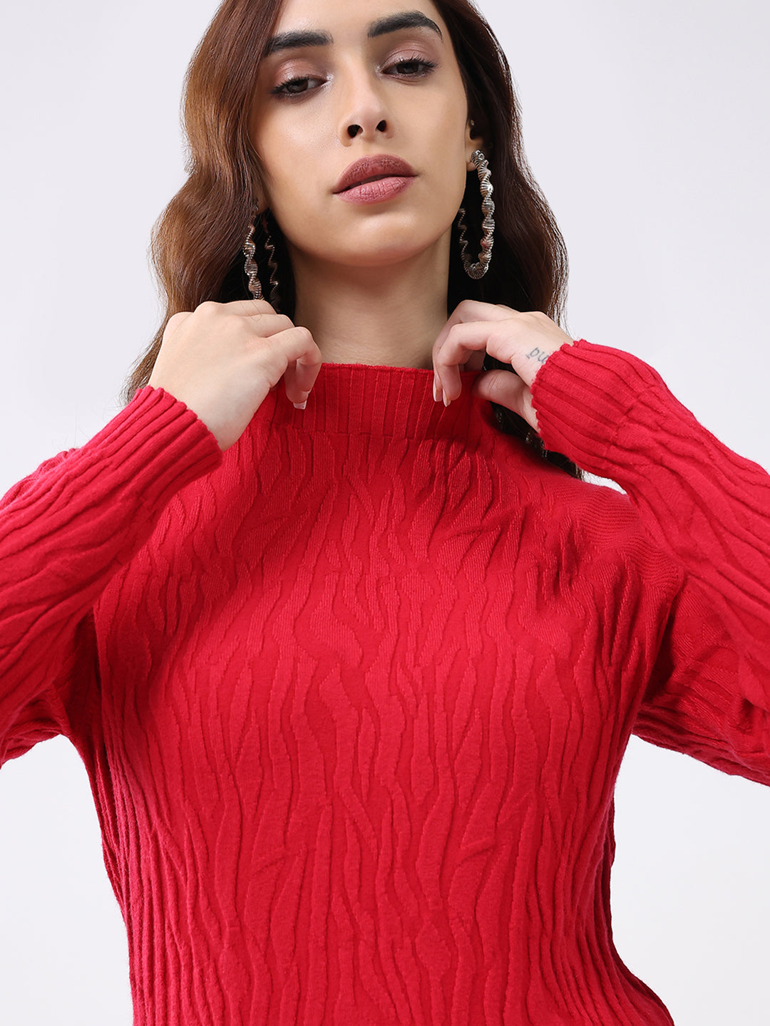 Women Red Self Design Round Neck Full Sleeve Winter Top