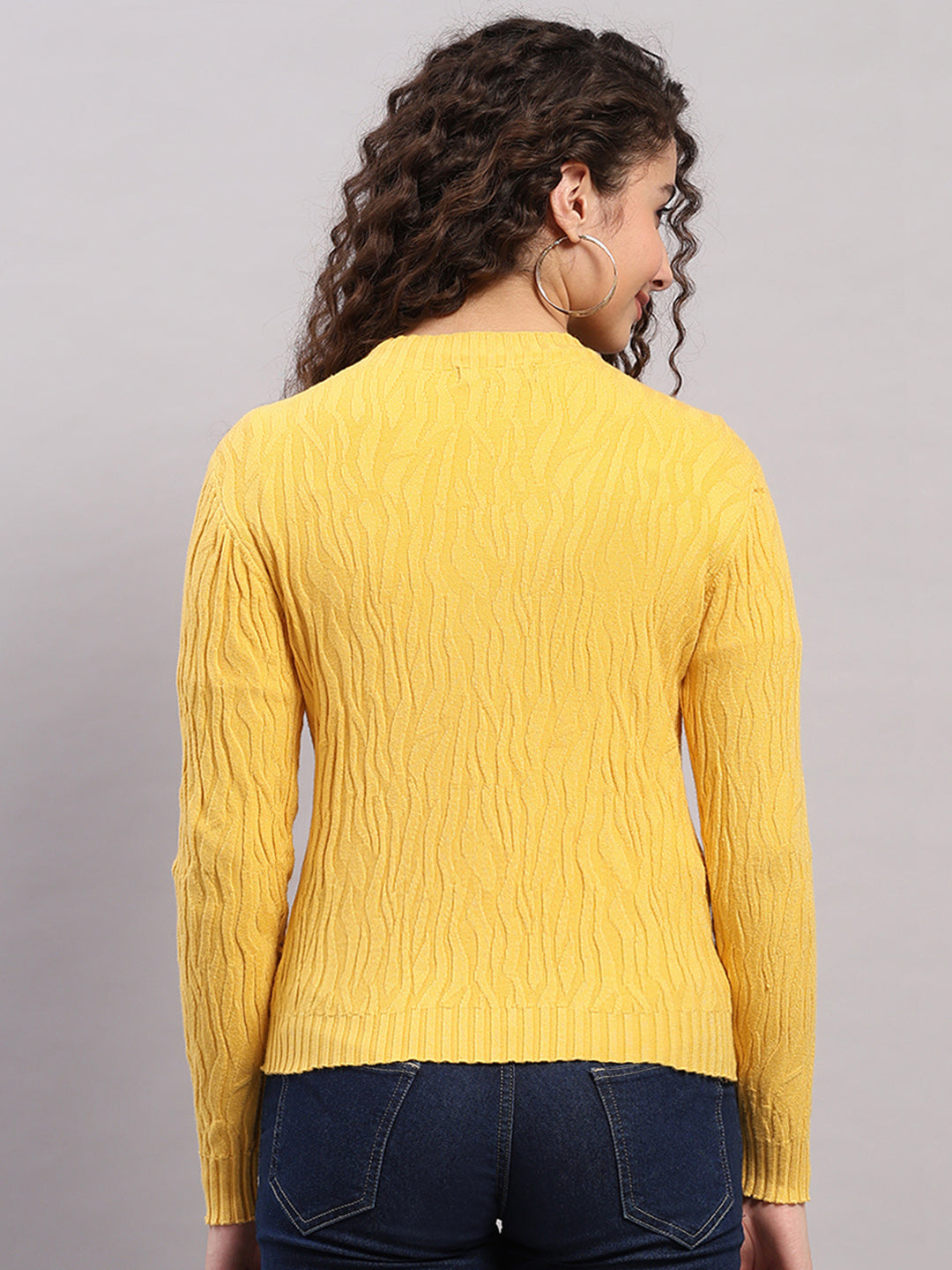 Women Yellow Printed Round Neck Full Sleeve Winter Top