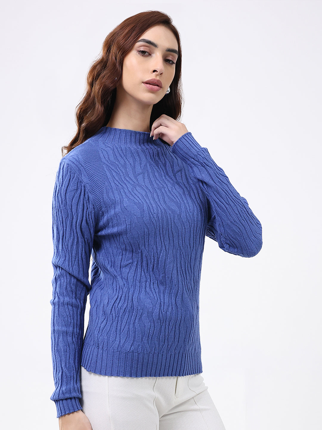 Women Blue Self Design Round Neck Full Sleeve Winter Top