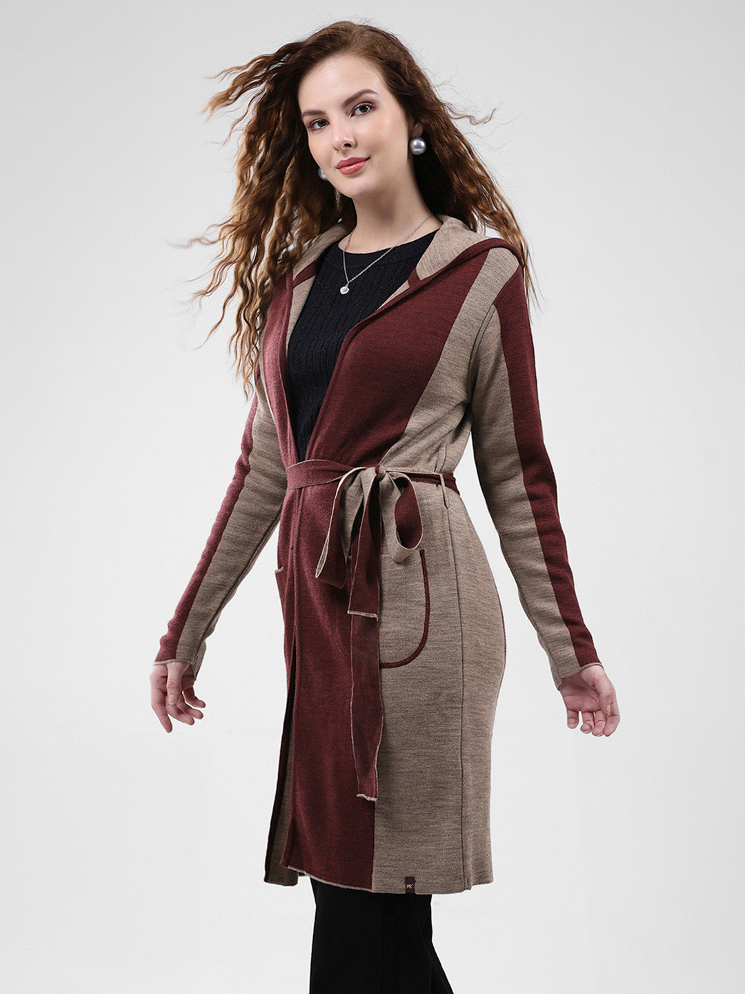 Women Maroon Solid Hooded Full Sleeve Cardigan