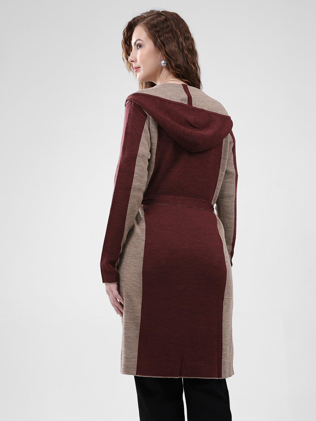 Women Maroon Solid Hooded Full Sleeve Cardigan
