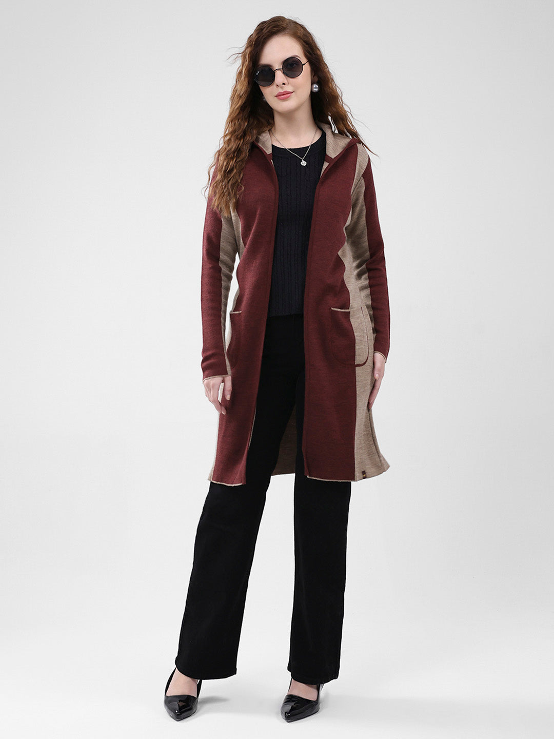Women Maroon Solid Hooded Full Sleeve Cardigan