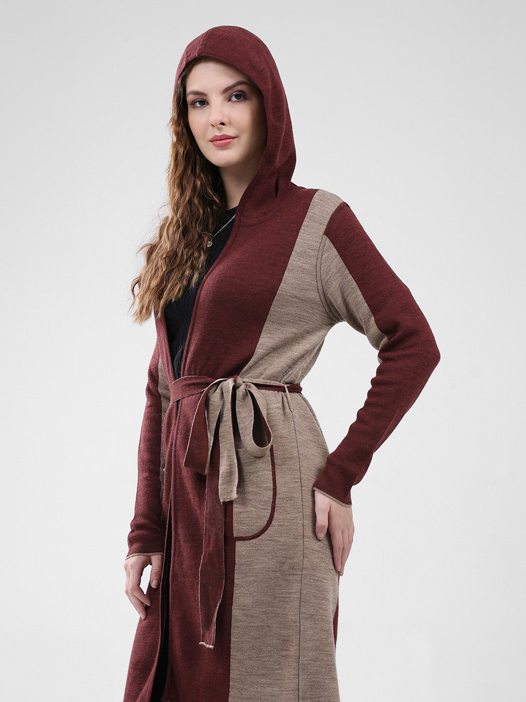 Women Maroon Solid Hooded Full Sleeve Cardigan