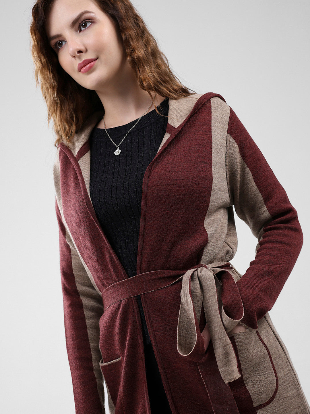 Women Maroon Solid Hooded Full Sleeve Cardigan