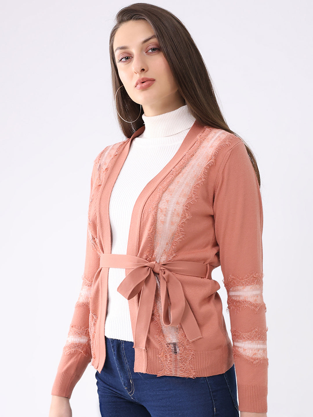 Women Pink Self Design Front Open Full Sleeve Cardigan