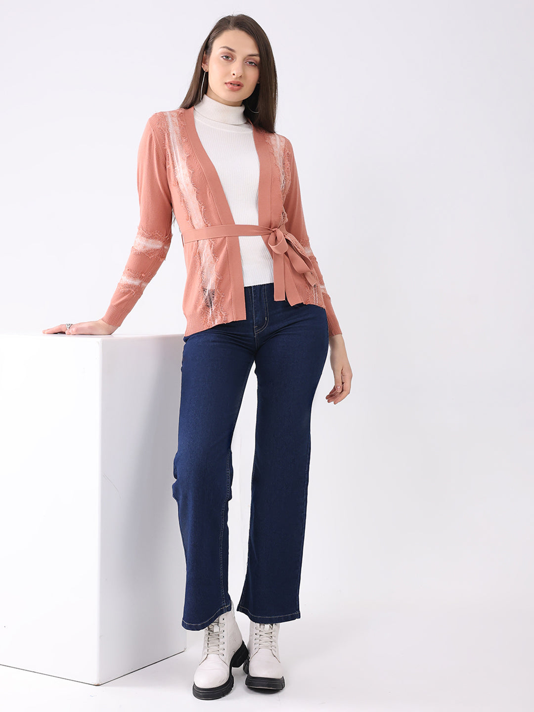 Women Pink Self Design Front Open Full Sleeve Cardigan