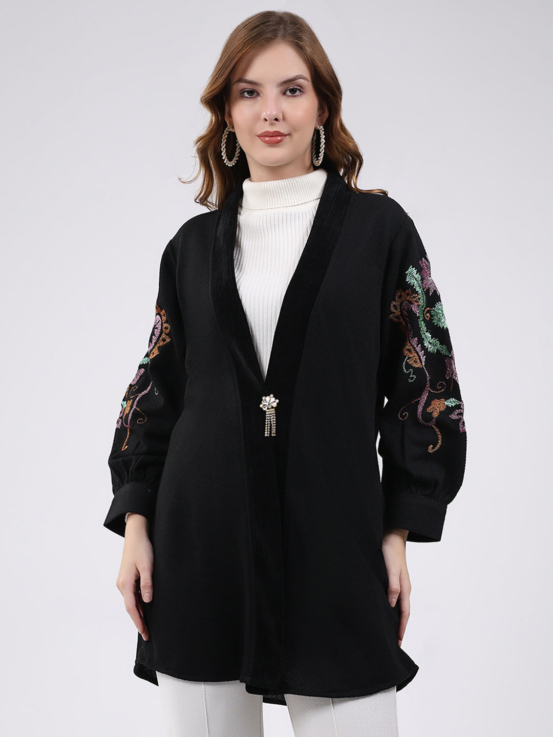 Women Black Self Design V Neck Full Sleeve Long Cardigan