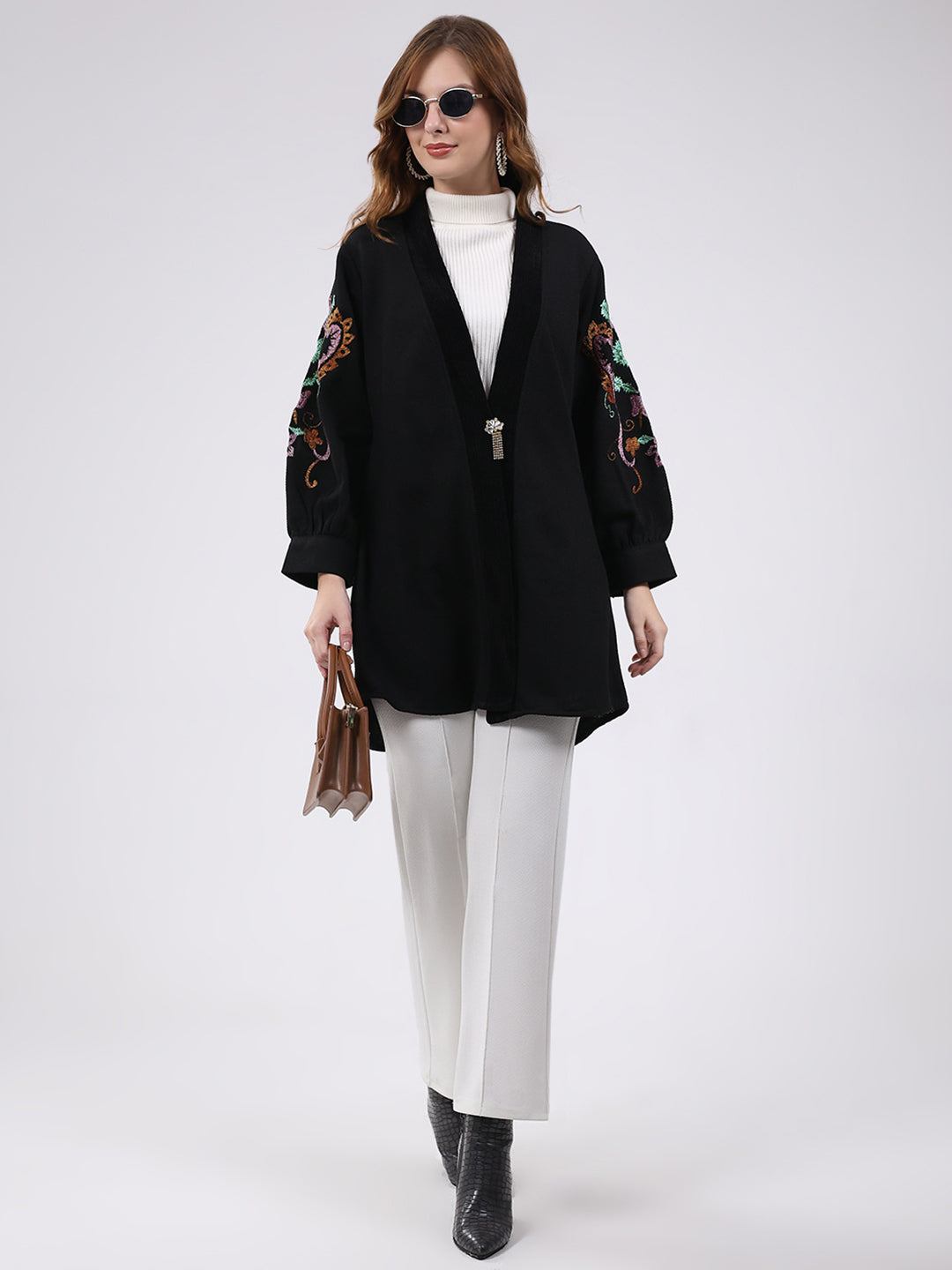 Women Black Self Design V Neck Full Sleeve Cardigan