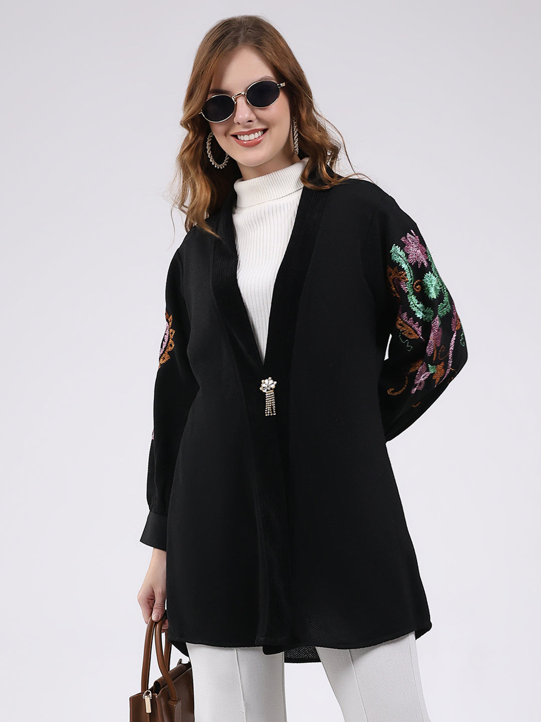 Women Black Self Design V Neck Full Sleeve Cardigan