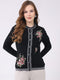 Women Black Self Design Round Neck Full Sleeve Cardigan